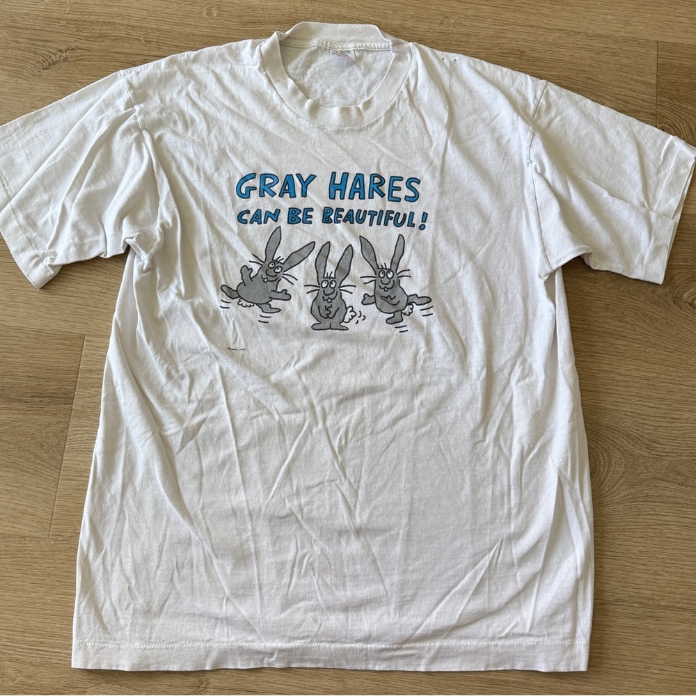 Vintage 90s Rabbits "Gray Hares Can Be Beautiful" Graphic Single Stitch Tshirt - Picture 6 of 6